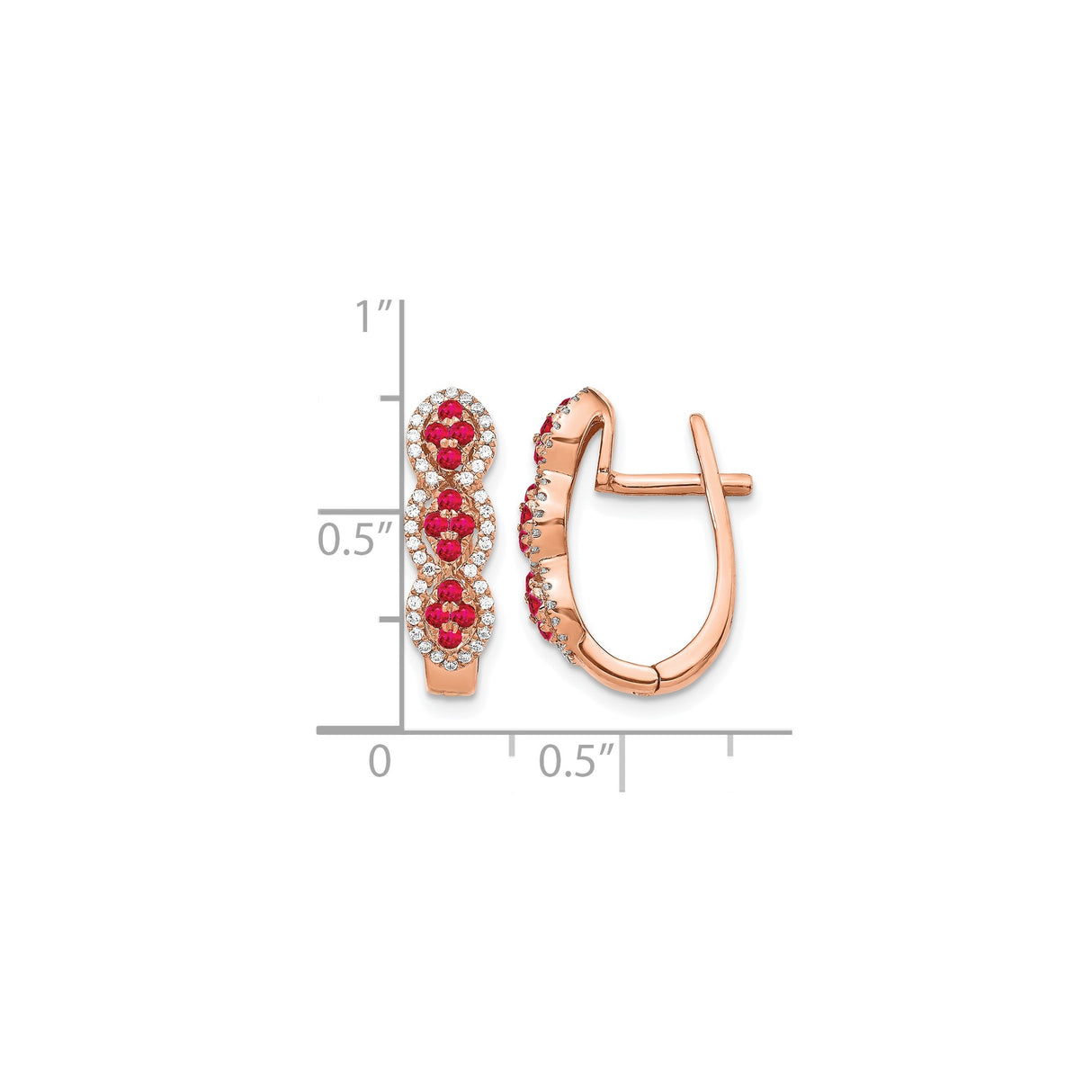 14k Rose Gold Hoop Earrings with Ruby and Diamond Alternating Rows, Scalloped Design