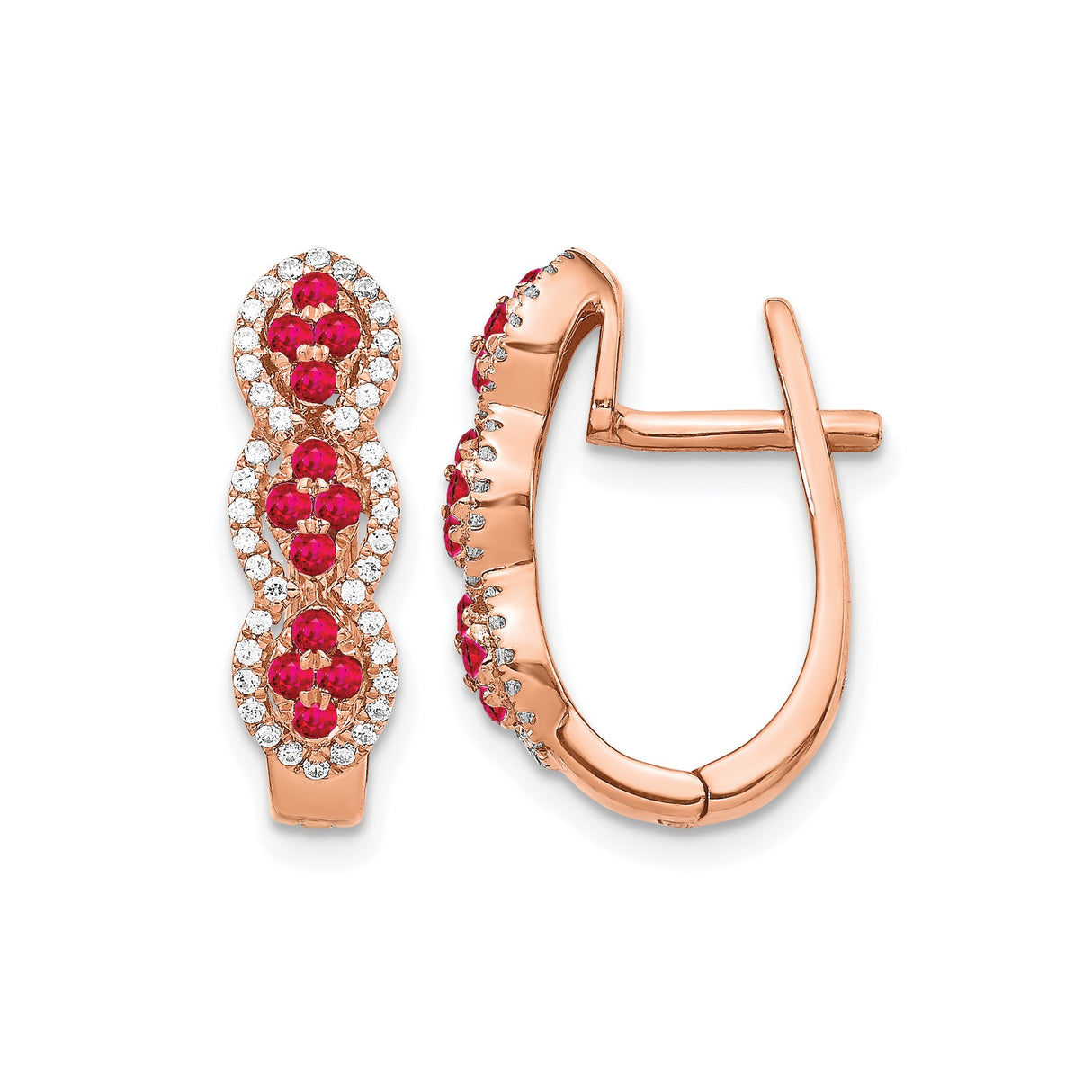 14k Rose Gold Hoop Earrings with Ruby and Diamond Alternating Rows, Scalloped Design