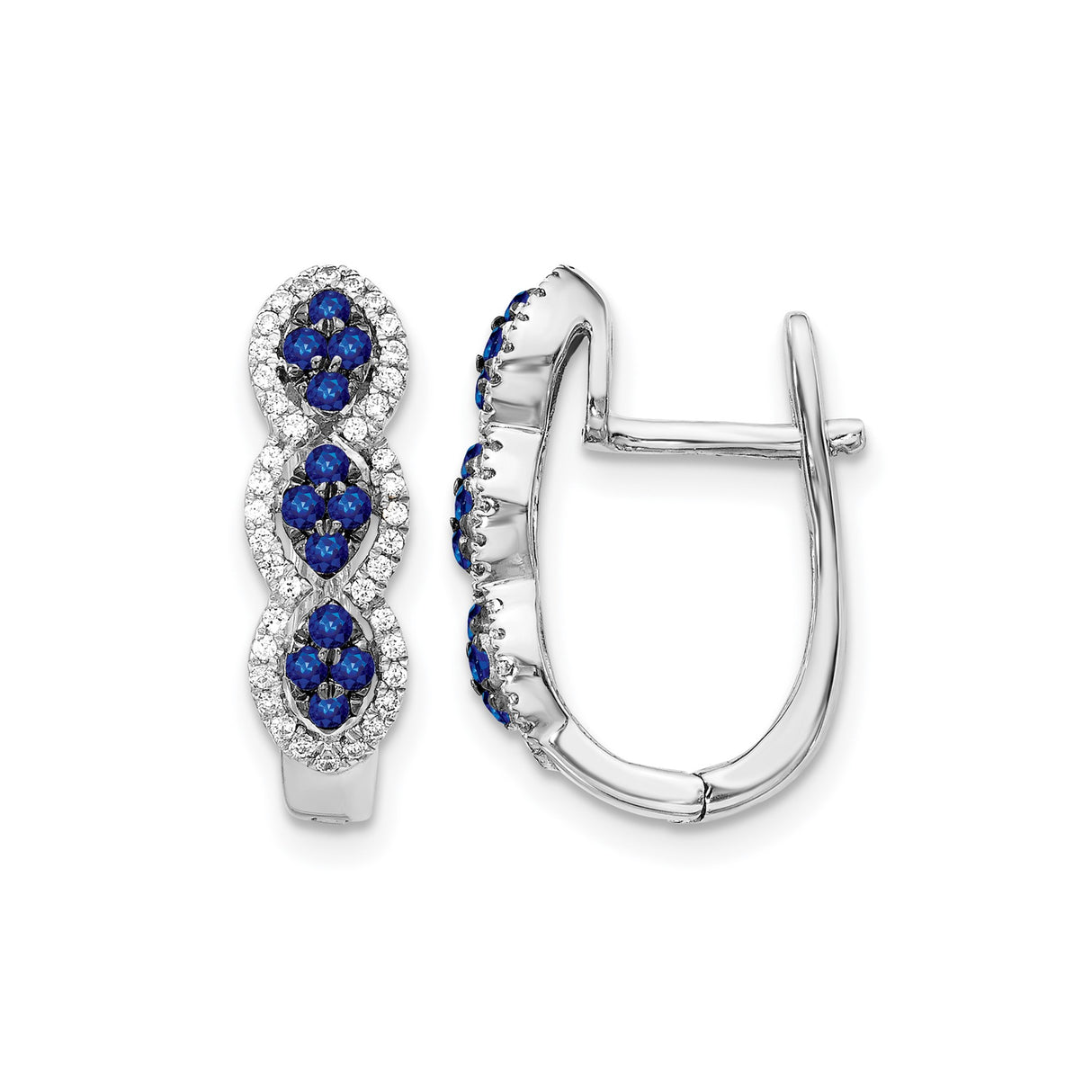 14k White Gold Hoop Earrings with Blue Sapphires and Diamonds, Infinity Design