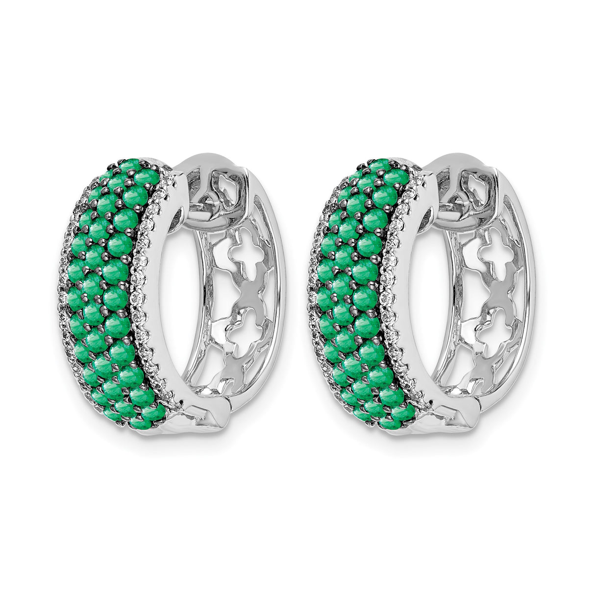 14k White Gold Hoop Earrings with Emeralds and Diamond Accents, Triple Row Statement Style