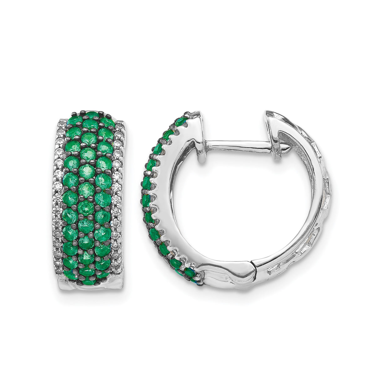 14k White Gold Hoop Earrings with Emeralds and Diamond Accents, Triple Row Statement Style
