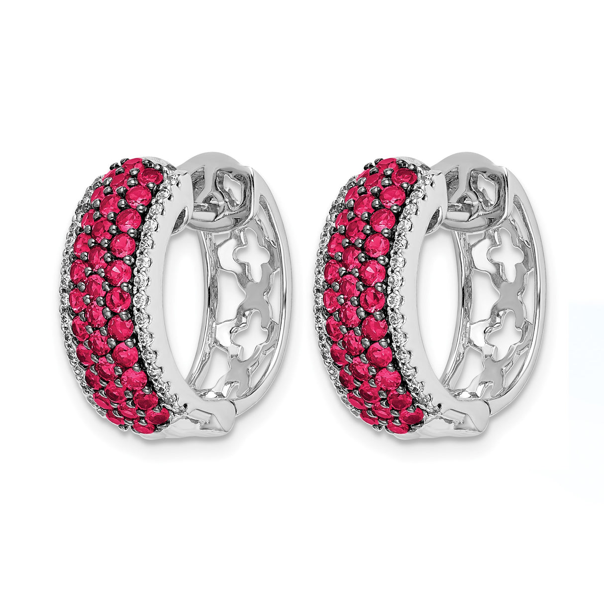14k White Gold Hoop Earrings with Ruby and Diamond in Pavé Setting, Huggie Style