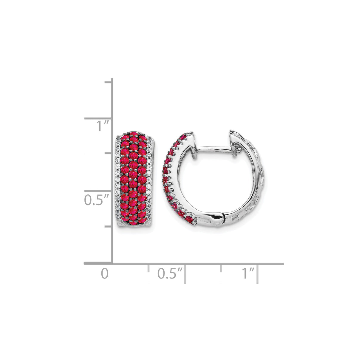 14k White Gold Hoop Earrings with Ruby and Diamond in Pavé Setting, Huggie Style