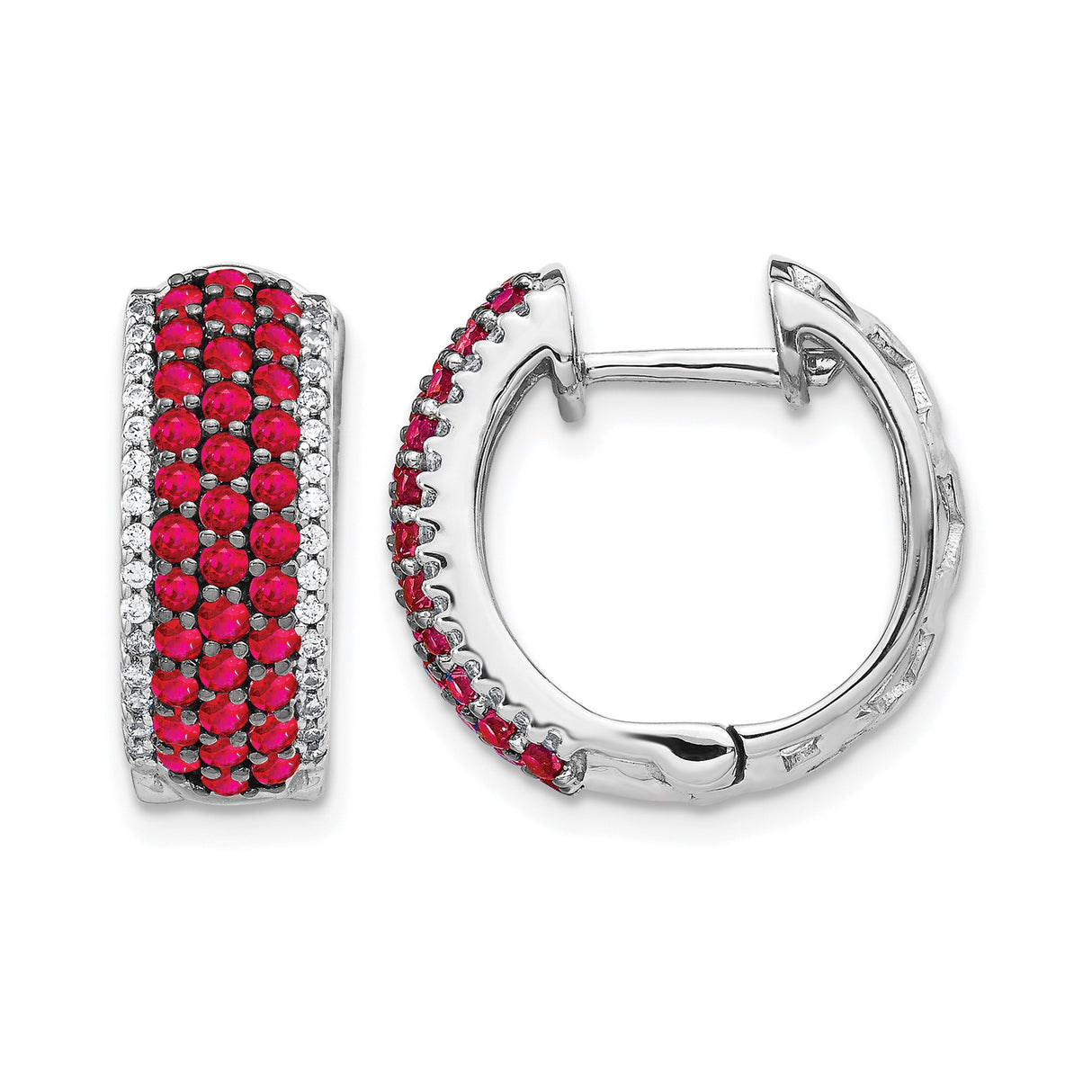 14k White Gold Hoop Earrings with Ruby and Diamond in Pavé Setting, Huggie Style