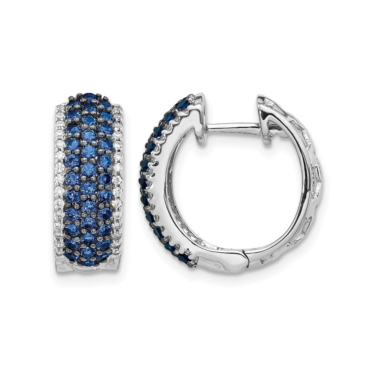 14k White Gold Hoop Earrings with Sapphire and Diamond Pavé, Lightweight Modern Design