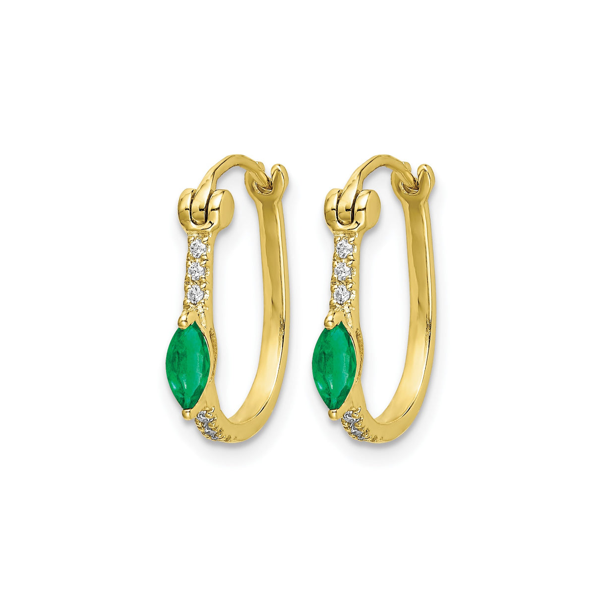 10k Yellow Gold Hoop Earrings with Marquise Cut Emerald and Diamond Accents