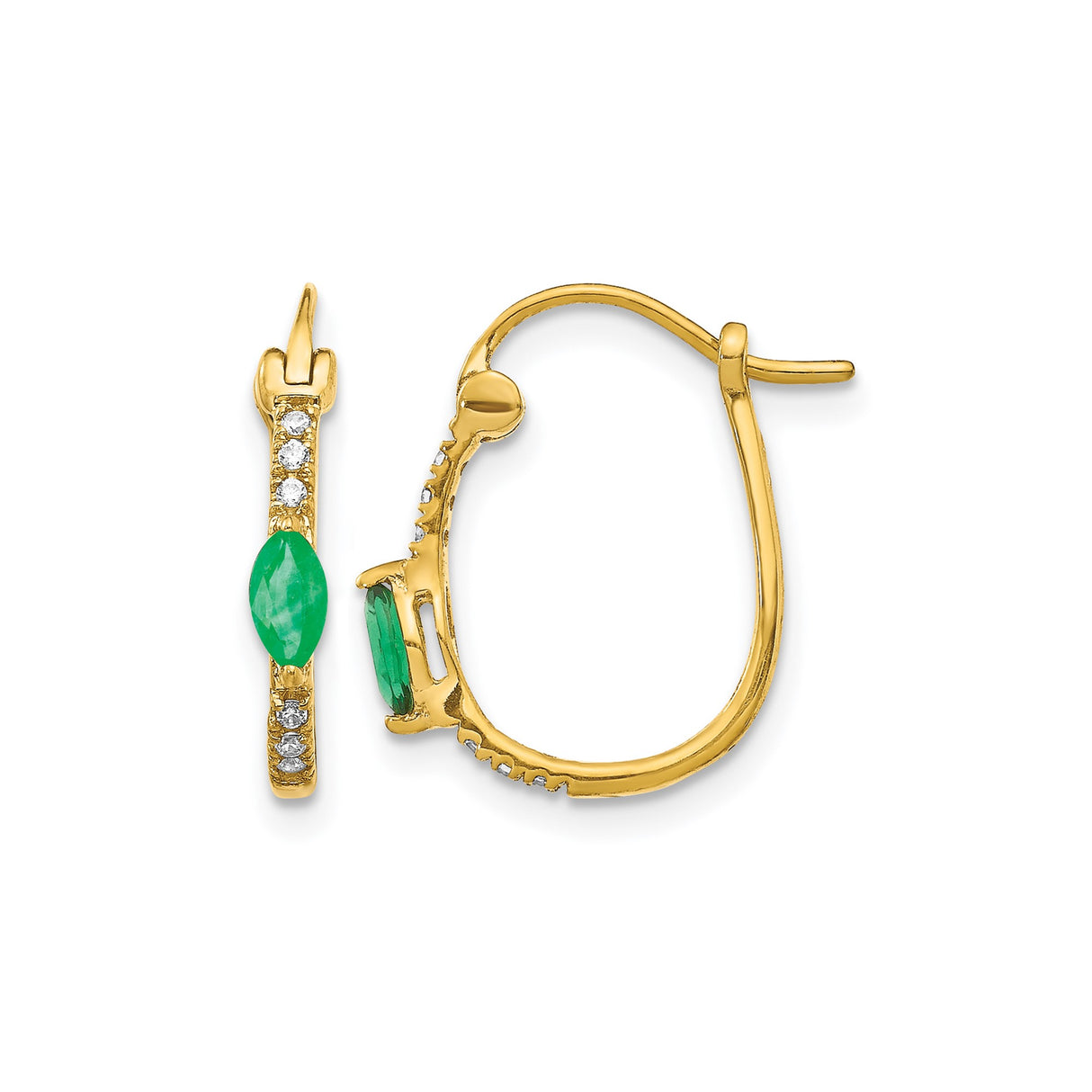 10k Yellow Gold Hoop Earrings with Marquise Cut Emerald and Diamond Accents