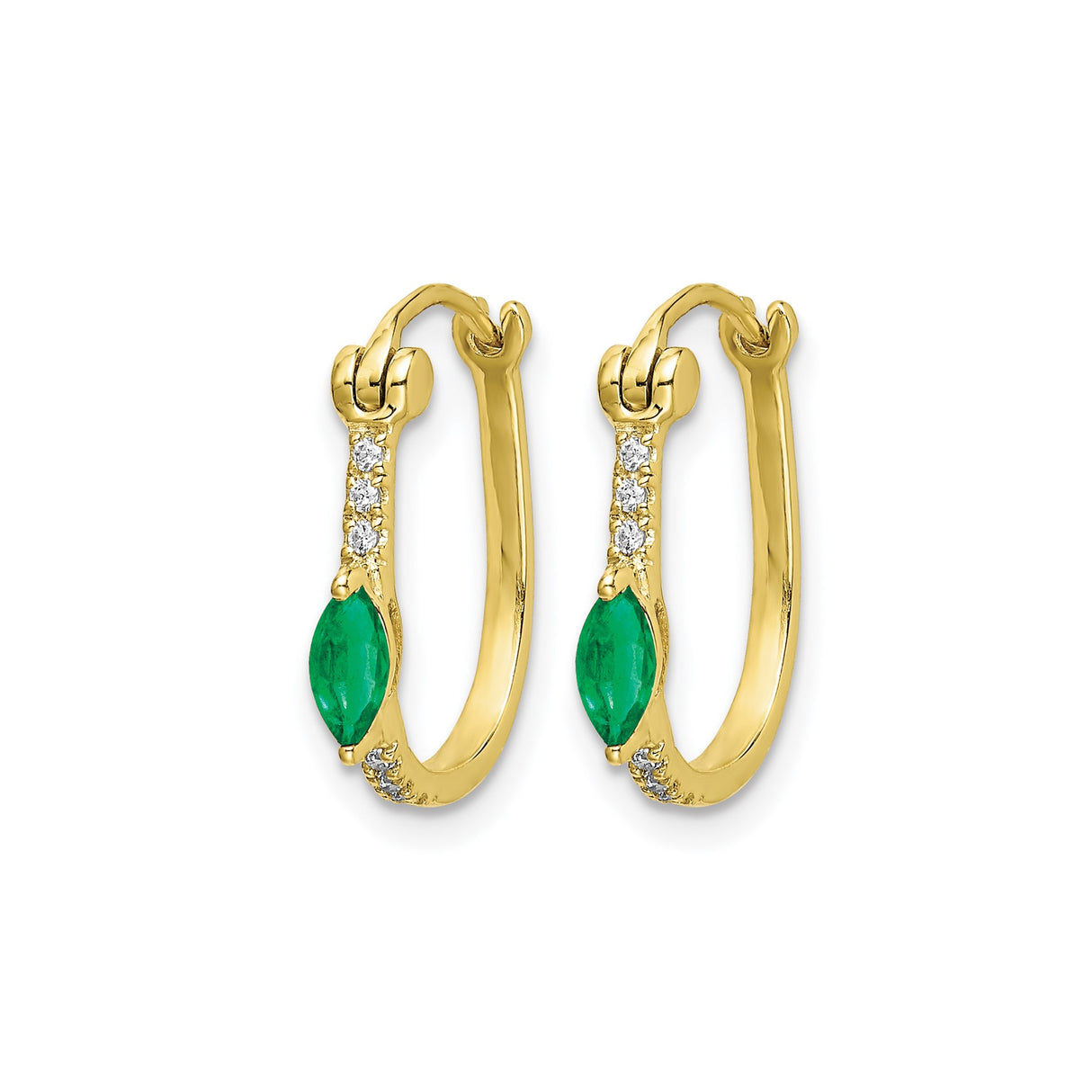 14k Yellow Gold Hoop Earrings with Marquise Cut Emerald and Diamond Accents