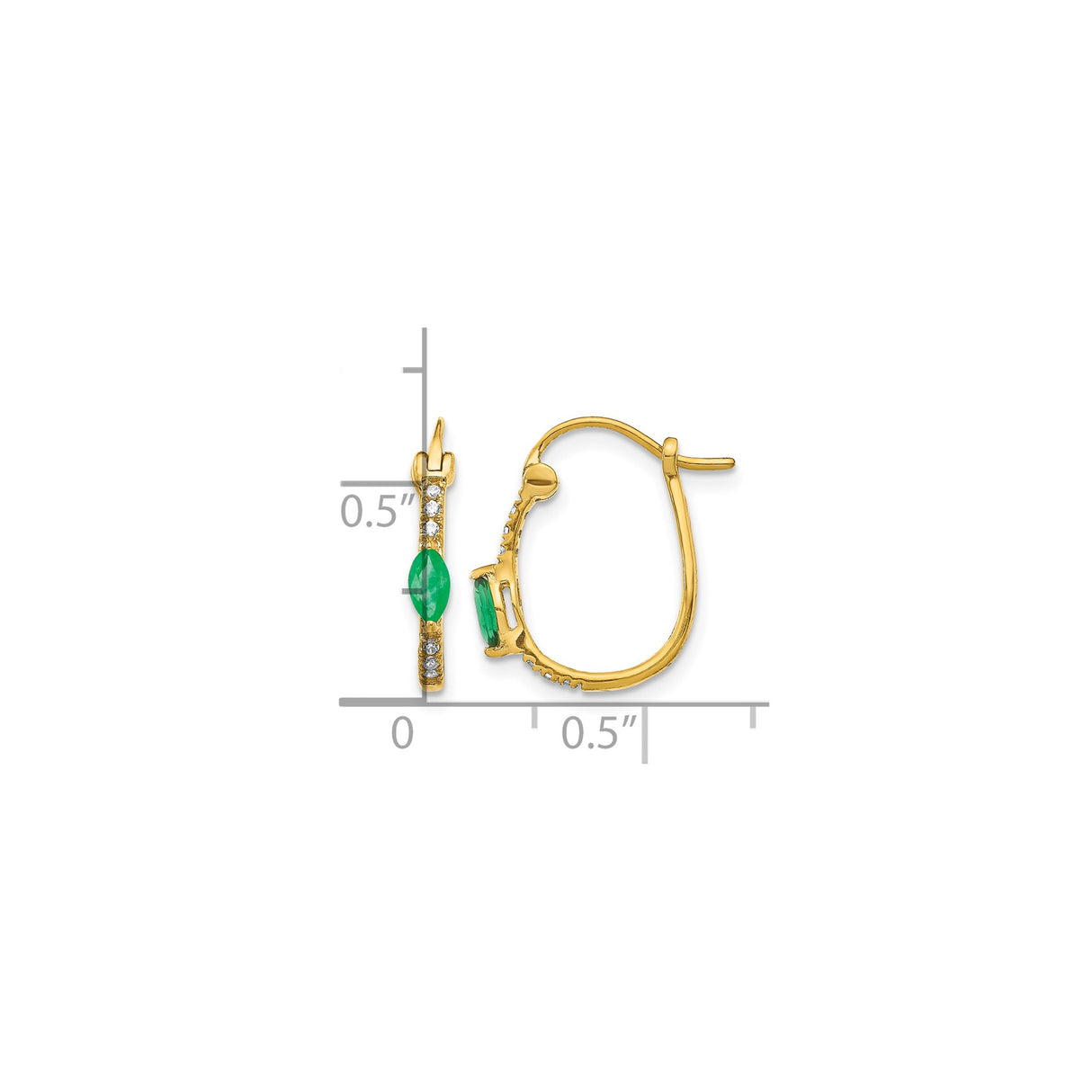 14k Yellow Gold Hoop Earrings with Marquise Cut Emerald and Diamond Accents