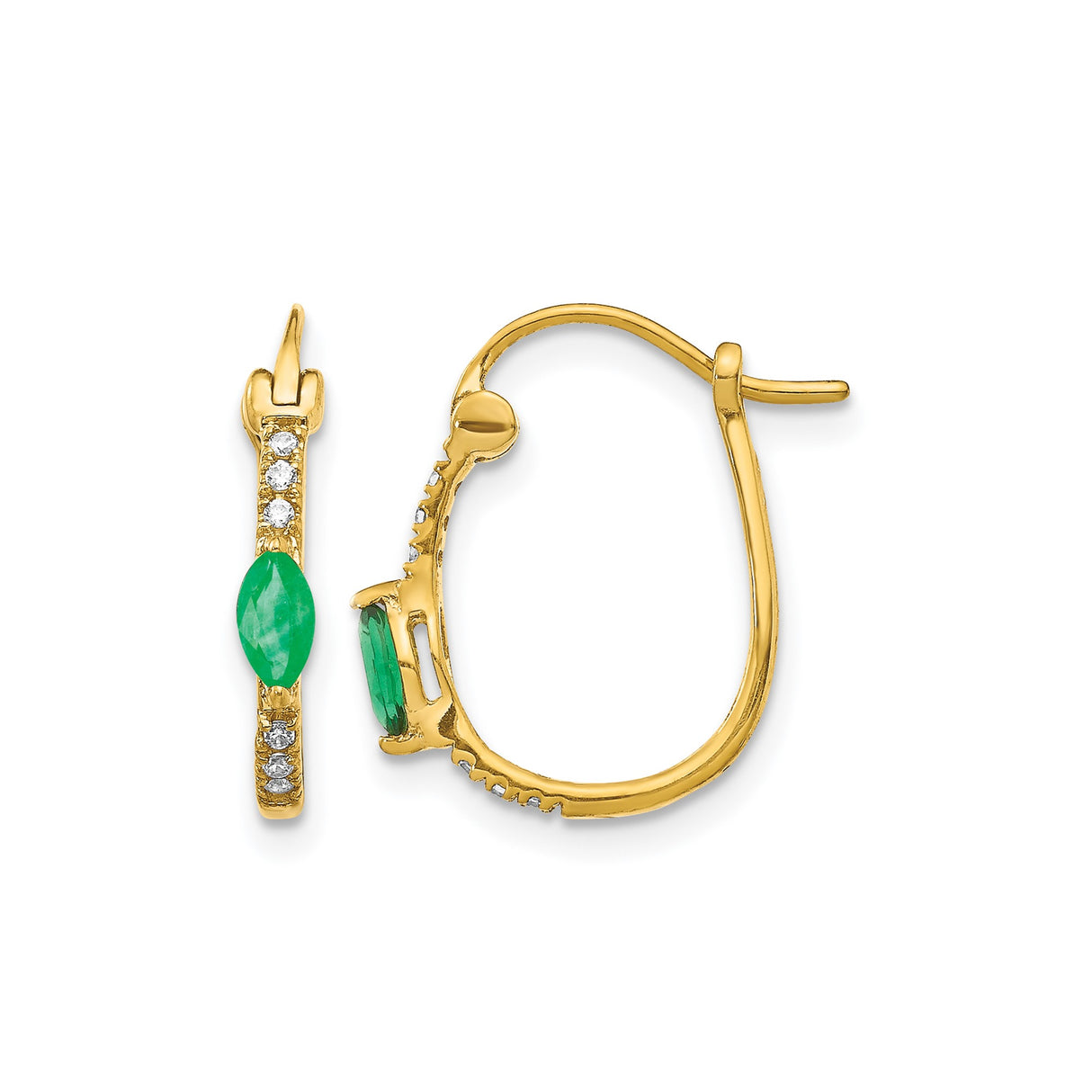 14k Yellow Gold Hoop Earrings with Marquise Cut Emerald and Diamond Accents
