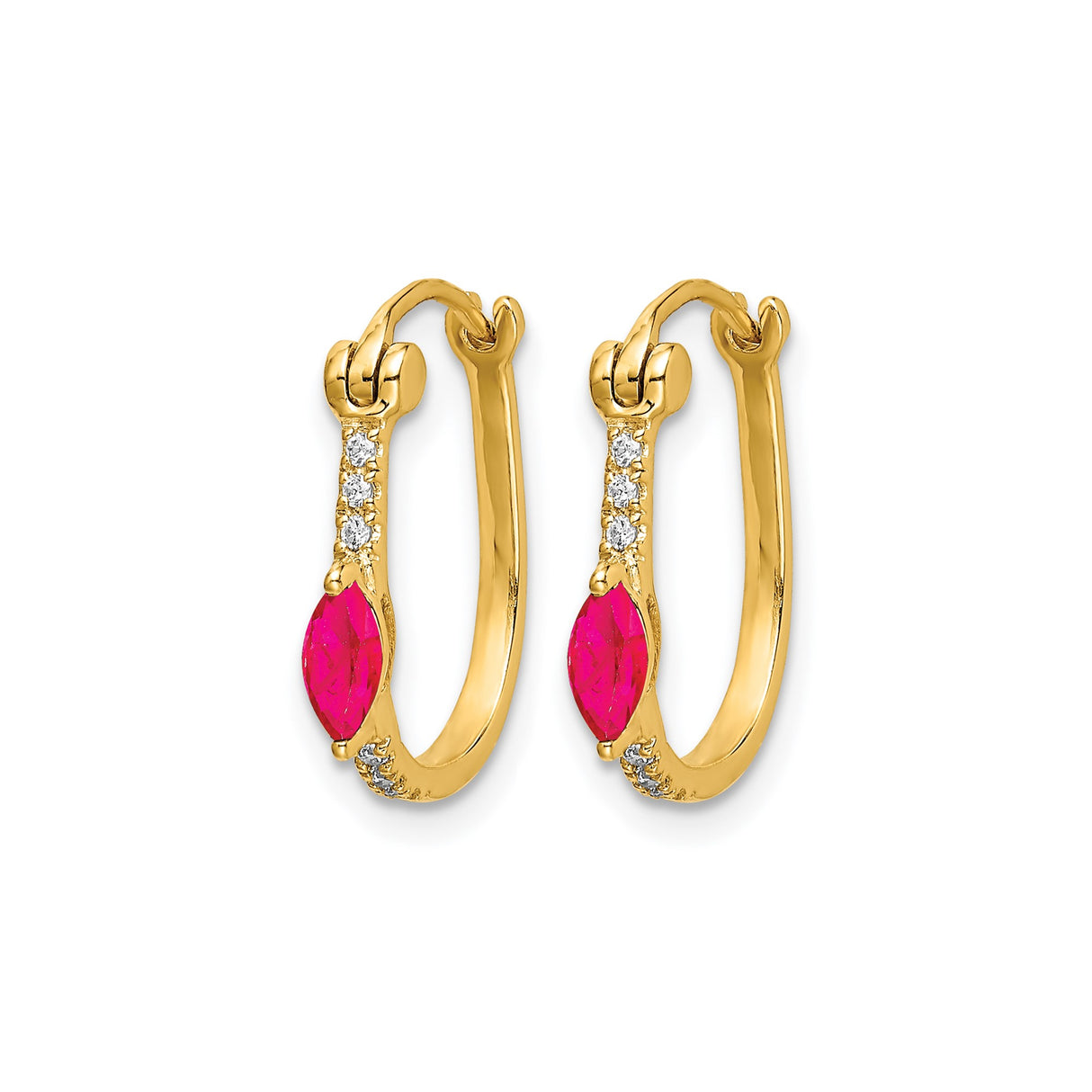 14k Yellow Gold Hoop Earrings with Marquise Ruby and Diamond Accents, Romantic Anniversary Jewelry
