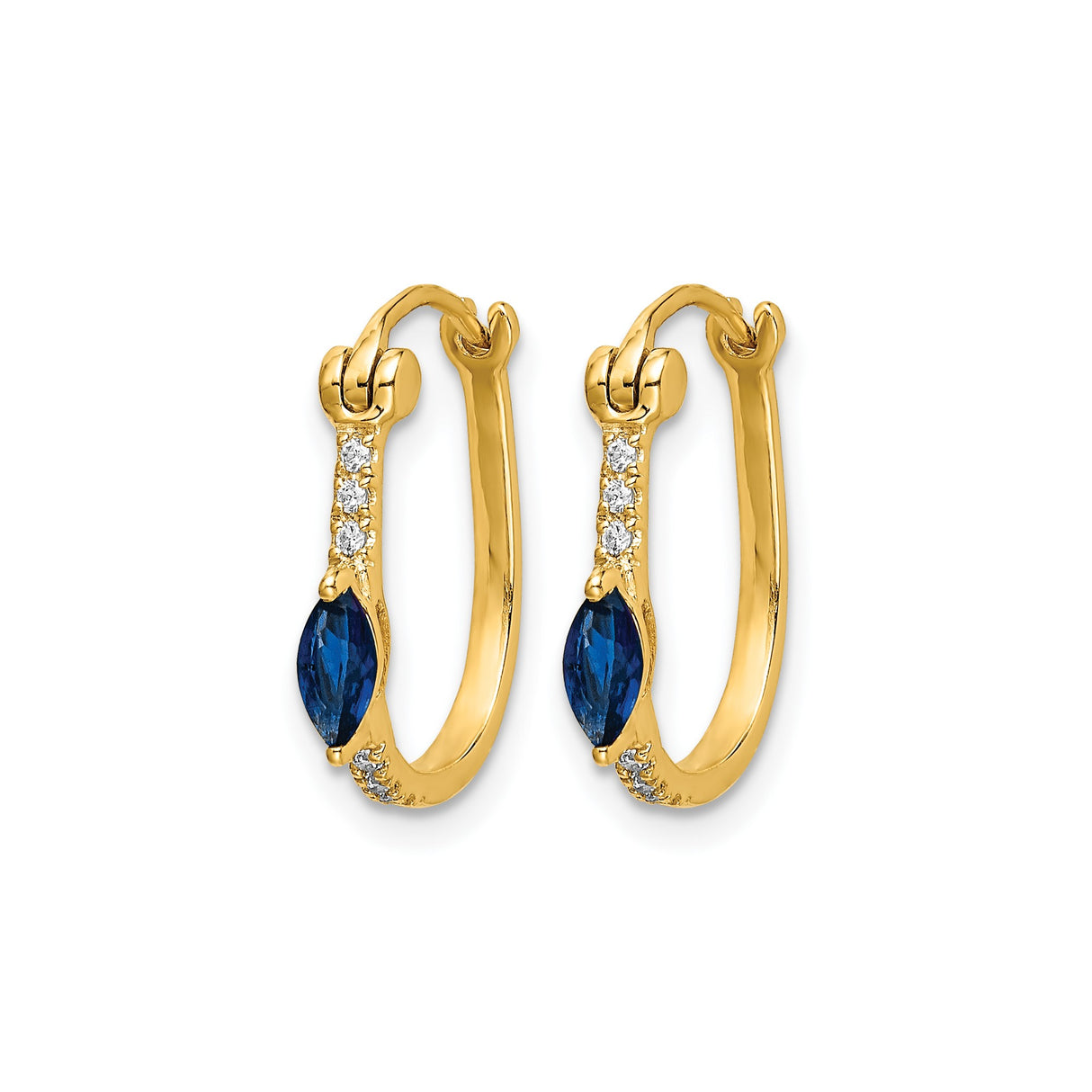 10k Yellow Gold Hoop Earrings with Sapphire and Diamond, Marquise Cut, Polished Finish