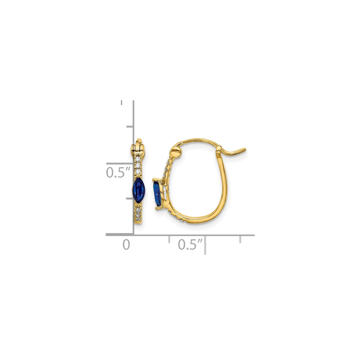 10k Yellow Gold Hoop Earrings with Sapphire and Diamond, Marquise Cut, Polished Finish