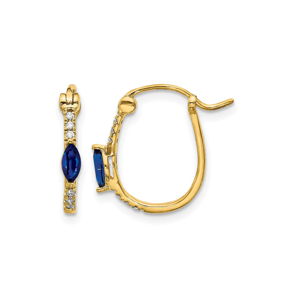 10k Yellow Gold Hoop Earrings with Sapphire and Diamond, Marquise Cut, Polished Finish