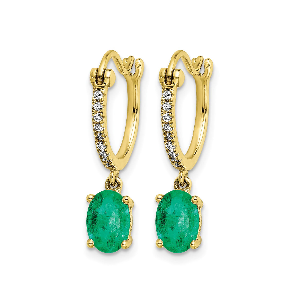 14k Yellow Gold Dangle Hoop Earrings with Oval Cut Emerald and Diamond Accents
