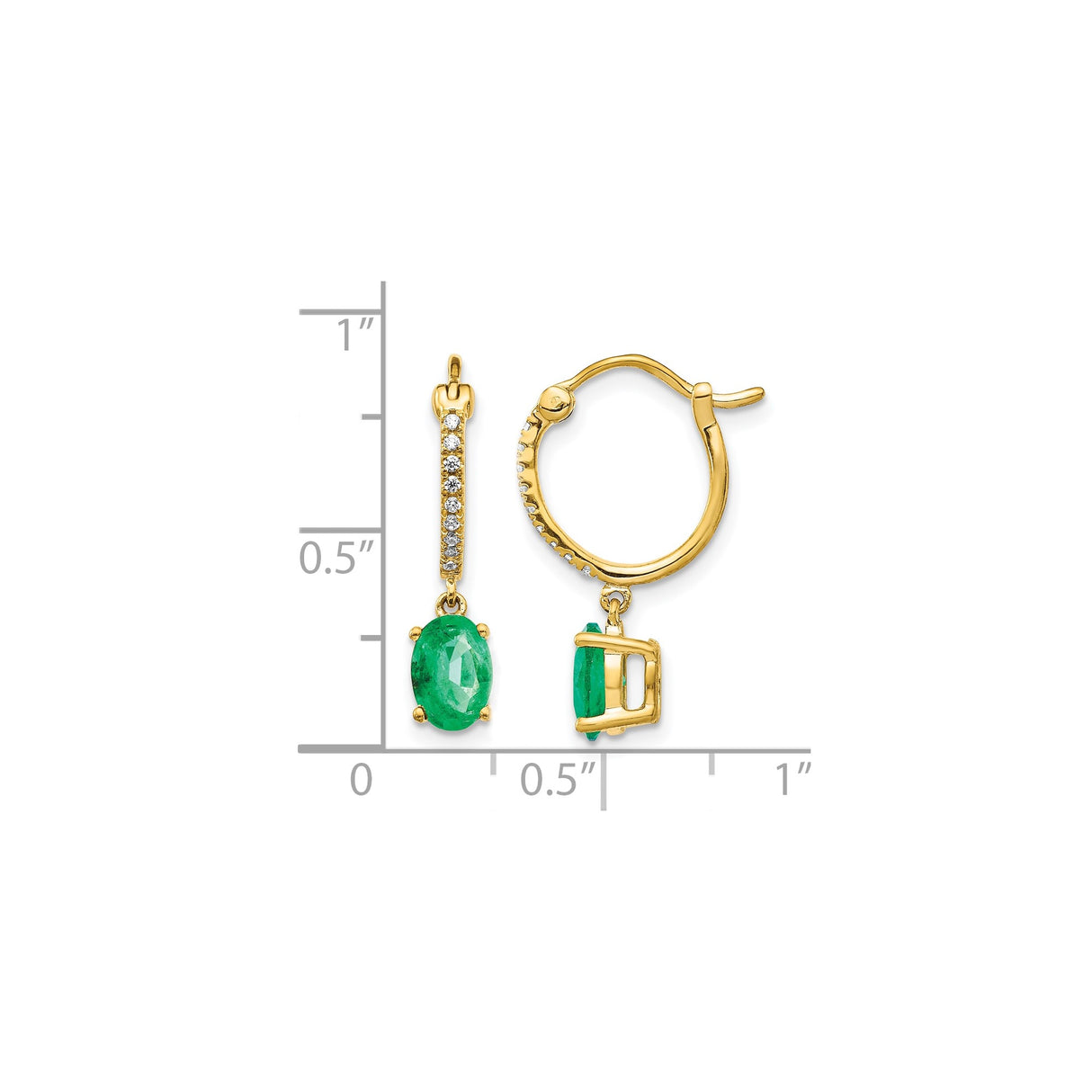 14k Yellow Gold Dangle Hoop Earrings with Oval Cut Emerald and Diamond Accents