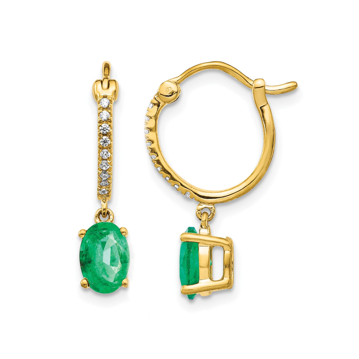 14k Yellow Gold Dangle Hoop Earrings with Oval Cut Emerald and Diamond Accents