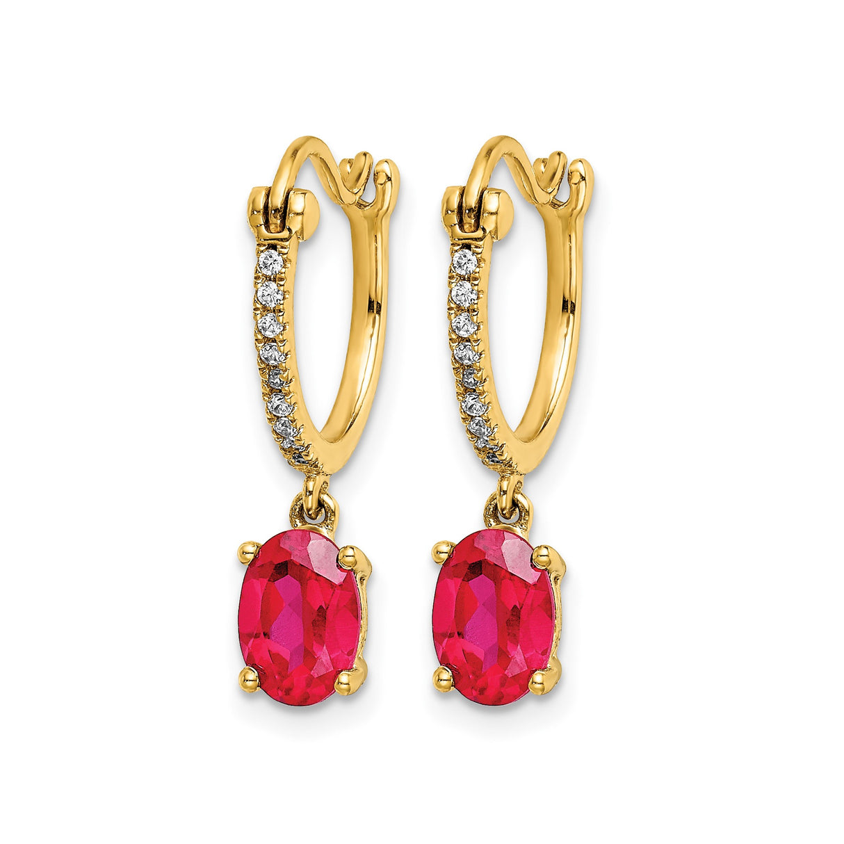 14k Yellow Gold Hoop Earrings with Ruby and Diamond, Oval Cut Dangle Style for Women