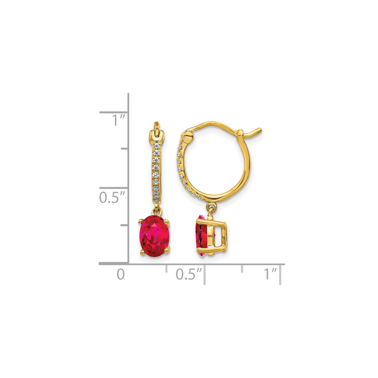 14k Yellow Gold Hoop Earrings with Ruby and Diamond, Oval Cut Dangle Style for Women