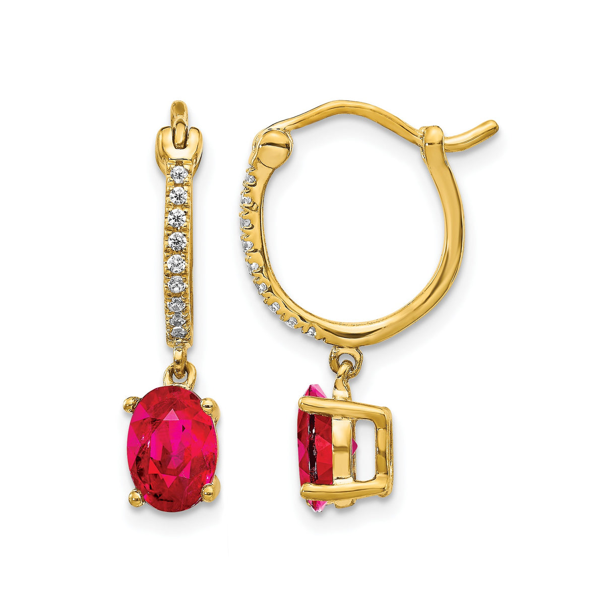 14k Yellow Gold Hoop Earrings with Ruby and Diamond, Oval Cut Dangle Style for Women