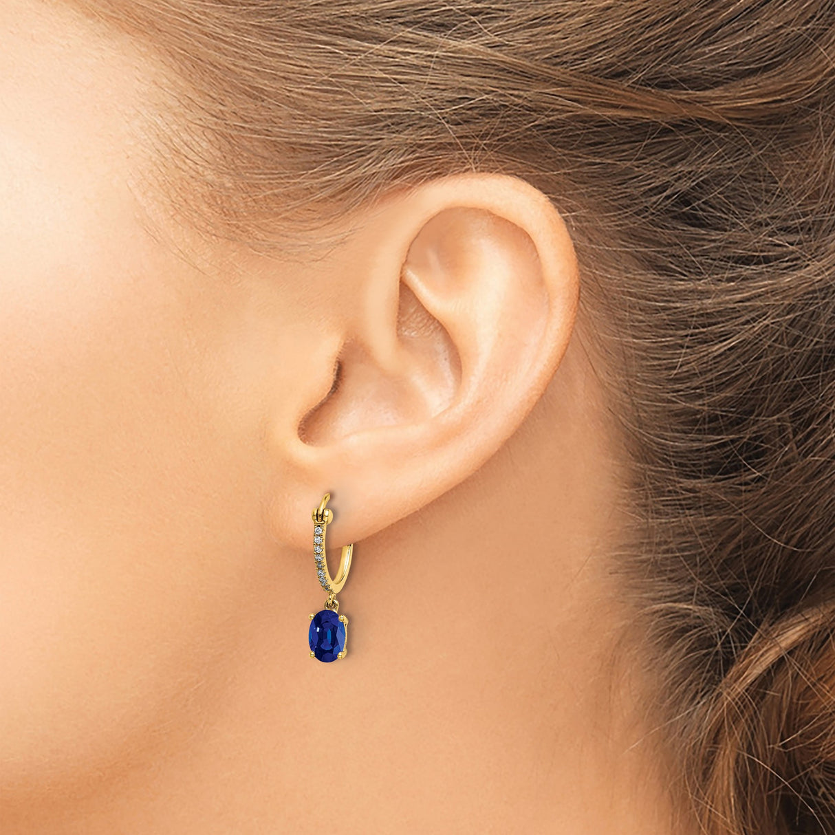 14k Yellow Gold Dangle Drop Earrings with Sapphire and Diamond Accents, Elegant Hoop Design