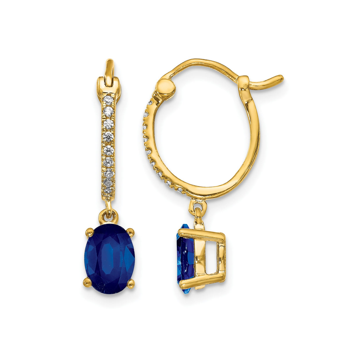 14k Yellow Gold Dangle Drop Earrings with Sapphire and Diamond Accents, Elegant Hoop Design