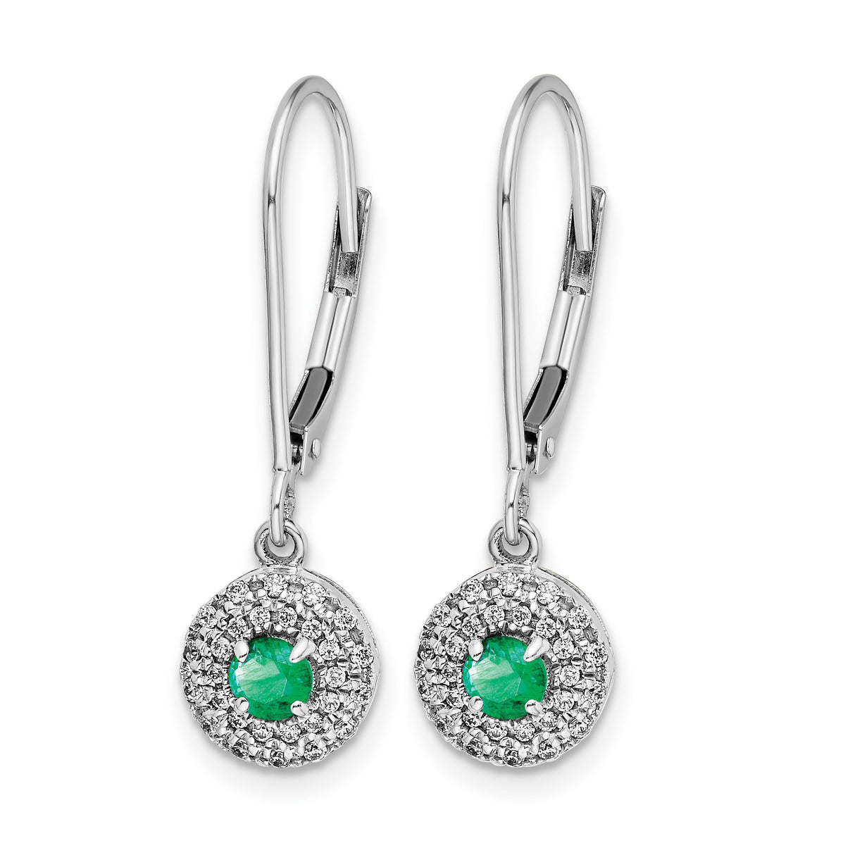 14k White Gold Dangle Earrings with Emerald Center and Diamond Halo, Leverback Drop Style