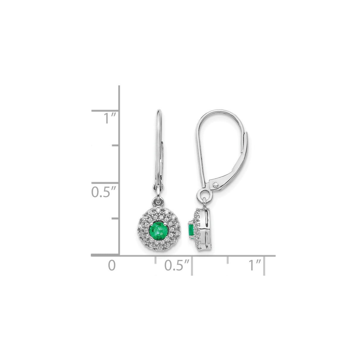 14k White Gold Dangle Earrings with Emerald Center and Diamond Halo, Leverback Drop Style