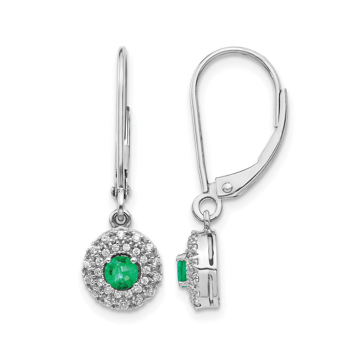 14k White Gold Dangle Earrings with Emerald Center and Diamond Halo, Leverback Drop Style