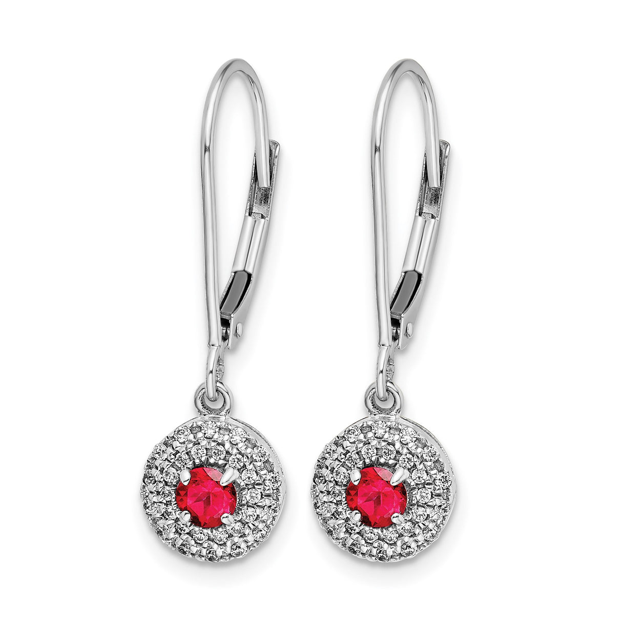 14k White Gold Drop Earrings with Ruby, Diamond Accents, Halo Dangle Style