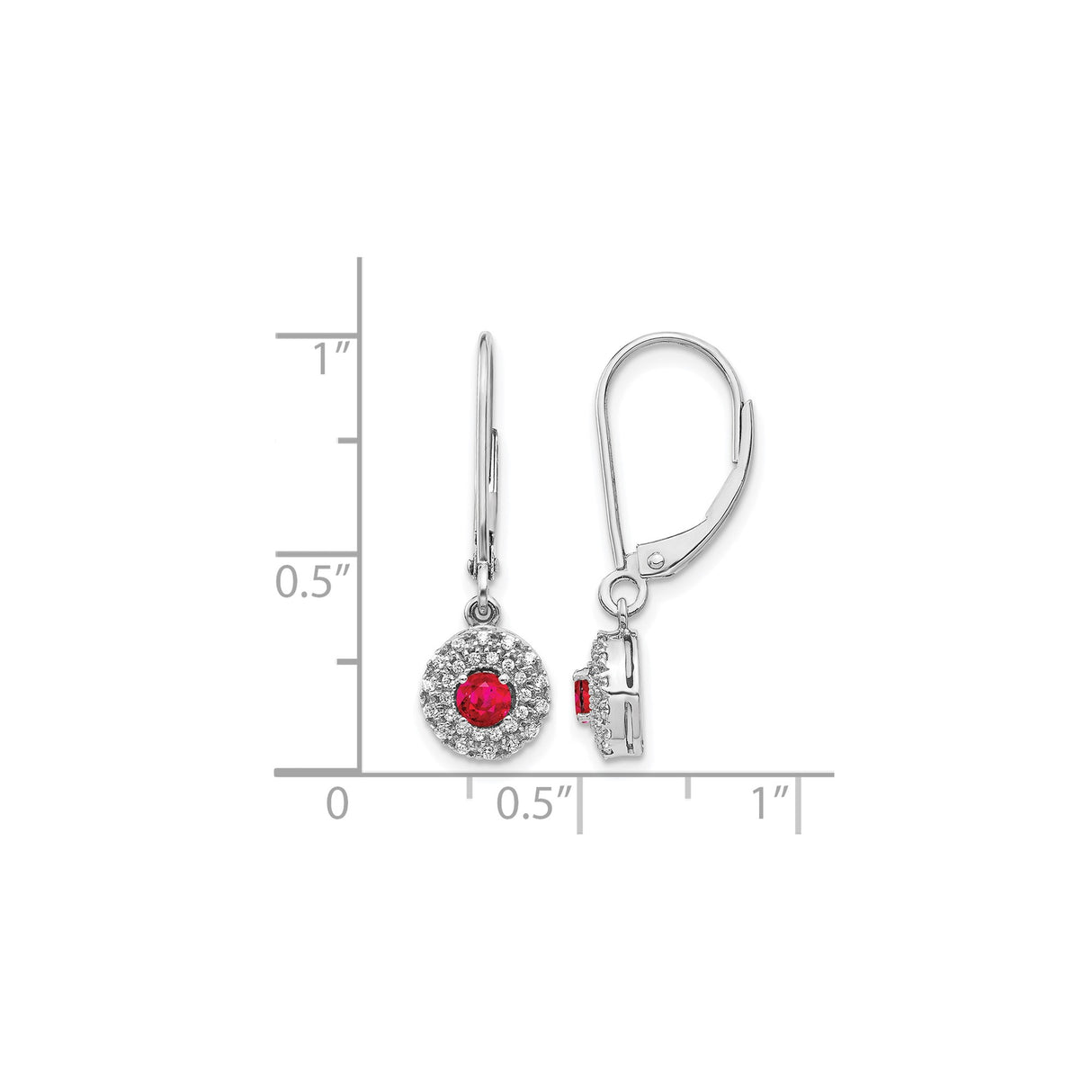 14k White Gold Drop Earrings with Ruby, Diamond Accents, Halo Dangle Style