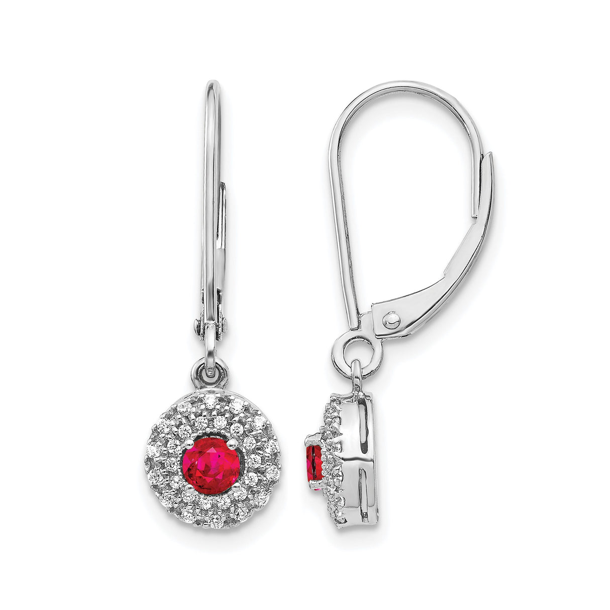 14k White Gold Drop Earrings with Ruby, Diamond Accents, Halo Dangle Style