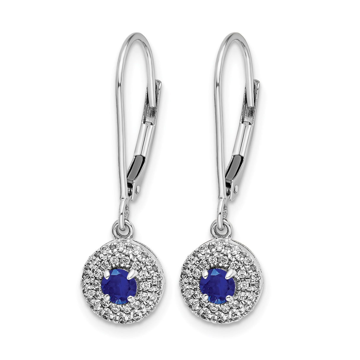 14k White Gold Dangle Earrings with Sapphire and Diamond Accent, Halo Leverback Design
