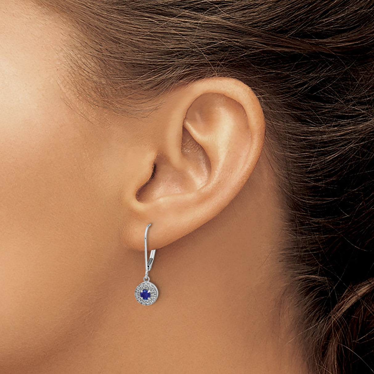 14k White Gold Dangle Earrings with Sapphire and Diamond Accent, Halo Leverback Design