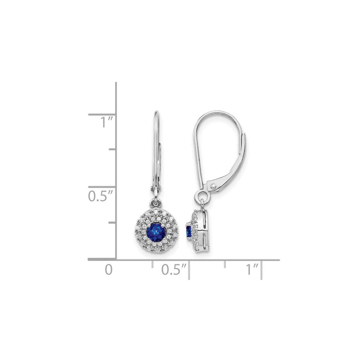 14k White Gold Dangle Earrings with Sapphire and Diamond Accent, Halo Leverback Design