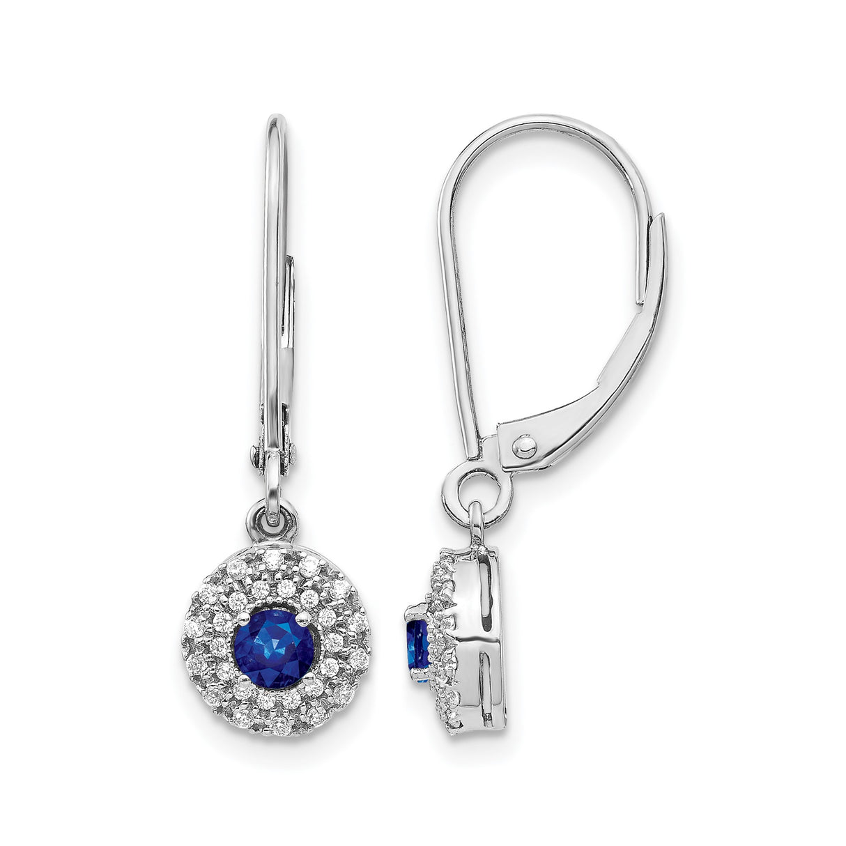 14k White Gold Dangle Earrings with Sapphire and Diamond Accent, Halo Leverback Design