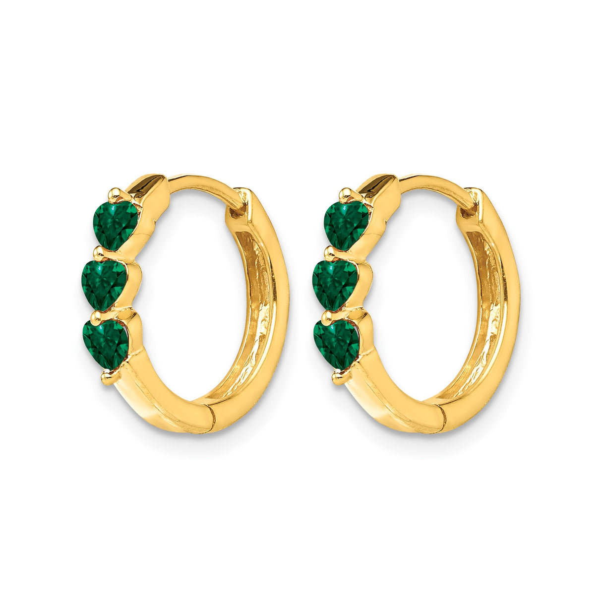 14k Yellow Gold Hoop Earrings with Heart-Shaped Created Emeralds, Romantic Love Design