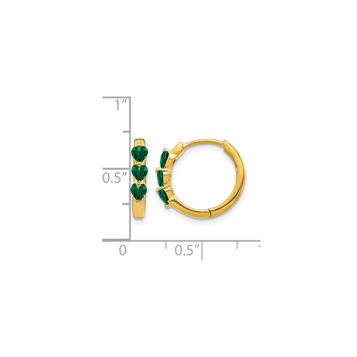 14k Yellow Gold Hoop Earrings with Heart-Shaped Created Emeralds, Romantic Love Design
