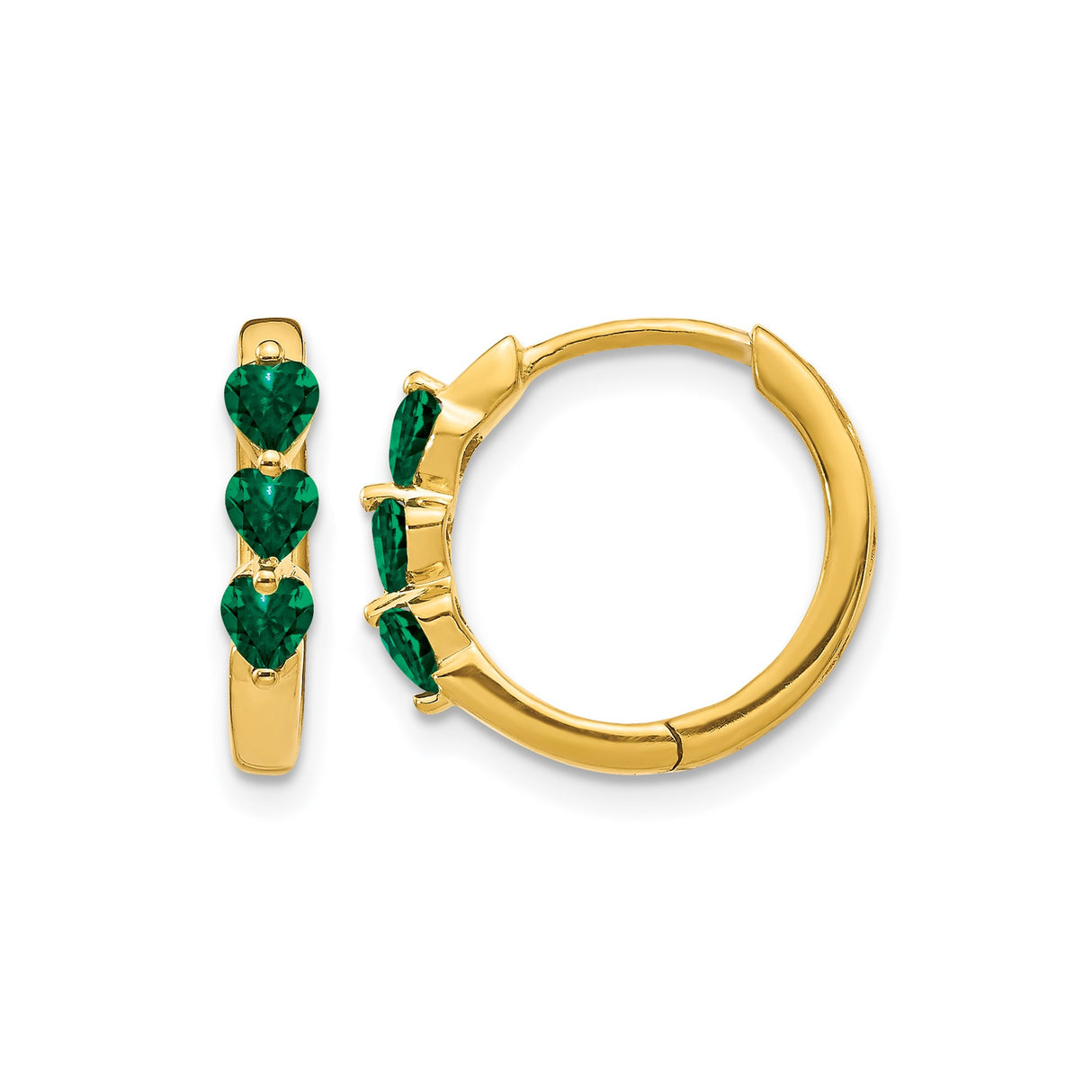14k Yellow Gold Hoop Earrings with Heart-Shaped Created Emeralds, Romantic Love Design