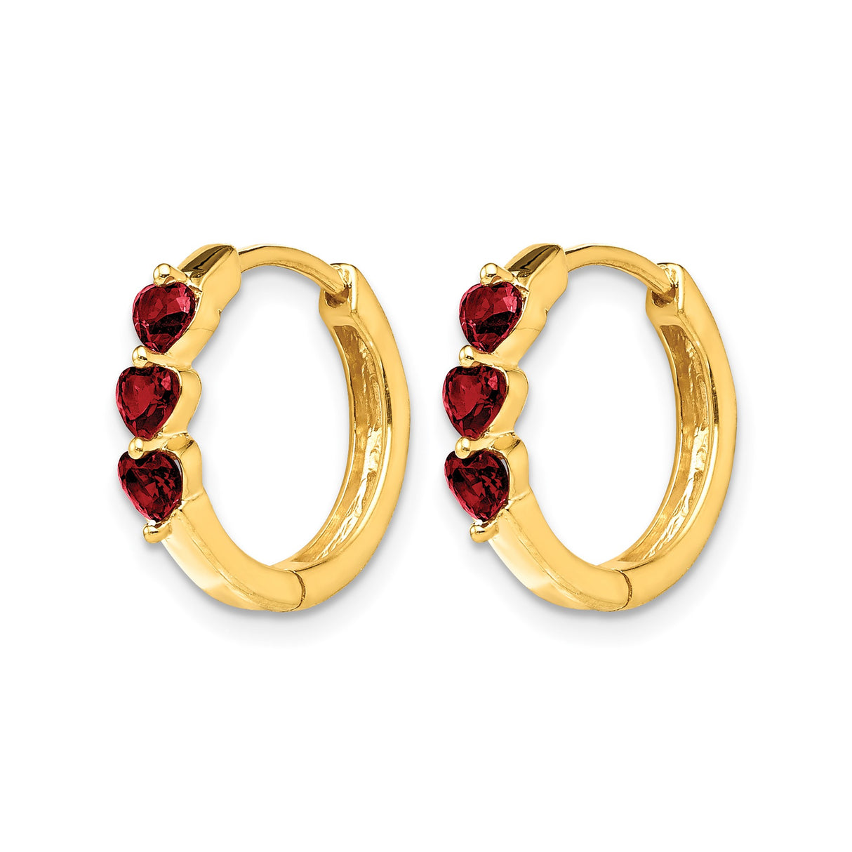 10k Yellow Gold Hoop Earrings with Created Ruby Heart Gemstones, Romantic Style
