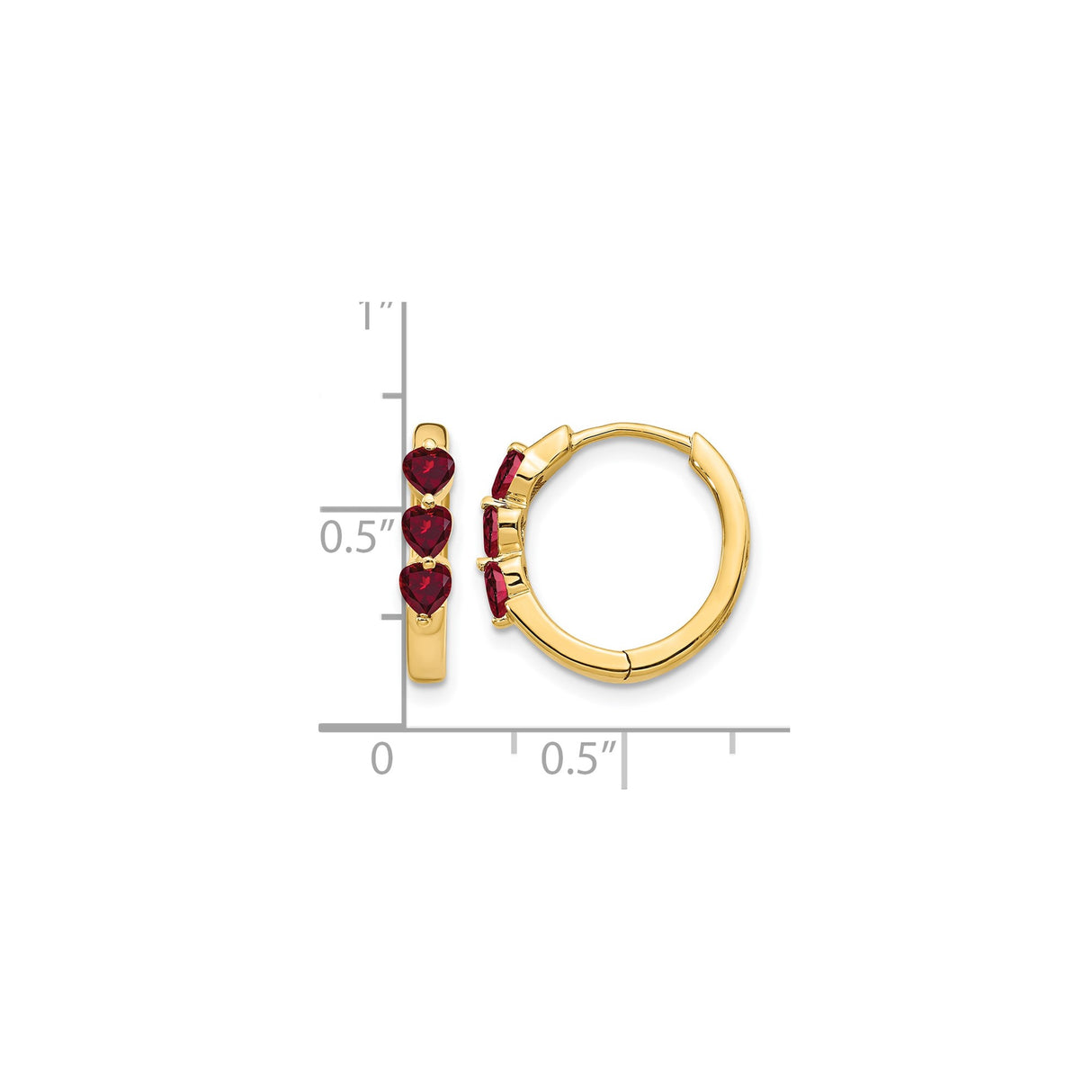 10k Yellow Gold Hoop Earrings with Created Ruby Heart Gemstones, Romantic Style