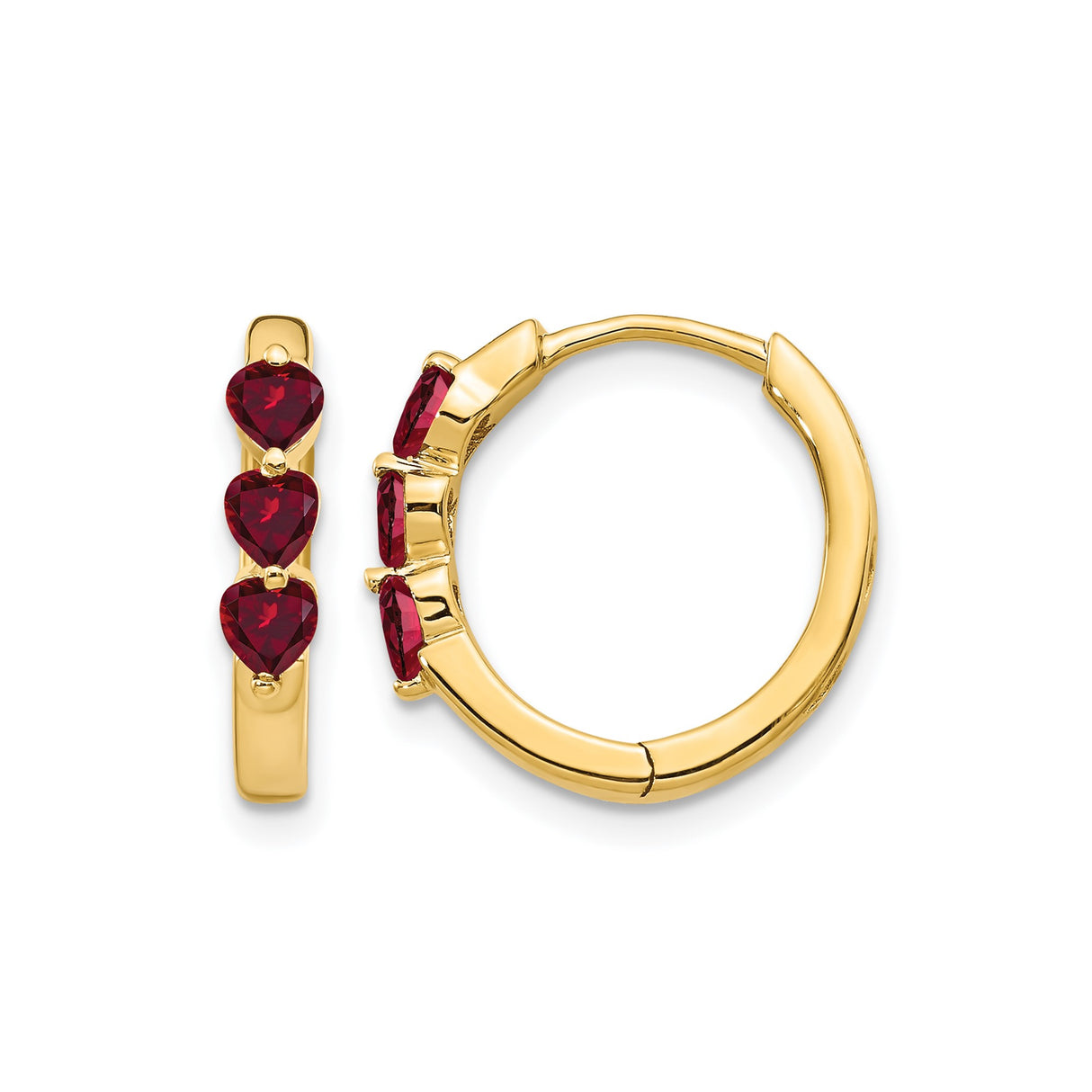 10k Yellow Gold Hoop Earrings with Created Ruby Heart Gemstones, Romantic Style