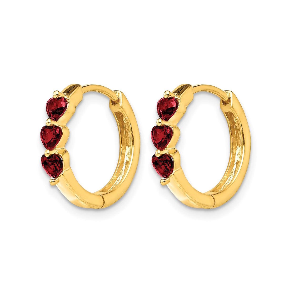 14k Yellow Gold Hoop Earrings with Heart Shaped Created Ruby, Romantic Anniversary Jewelry