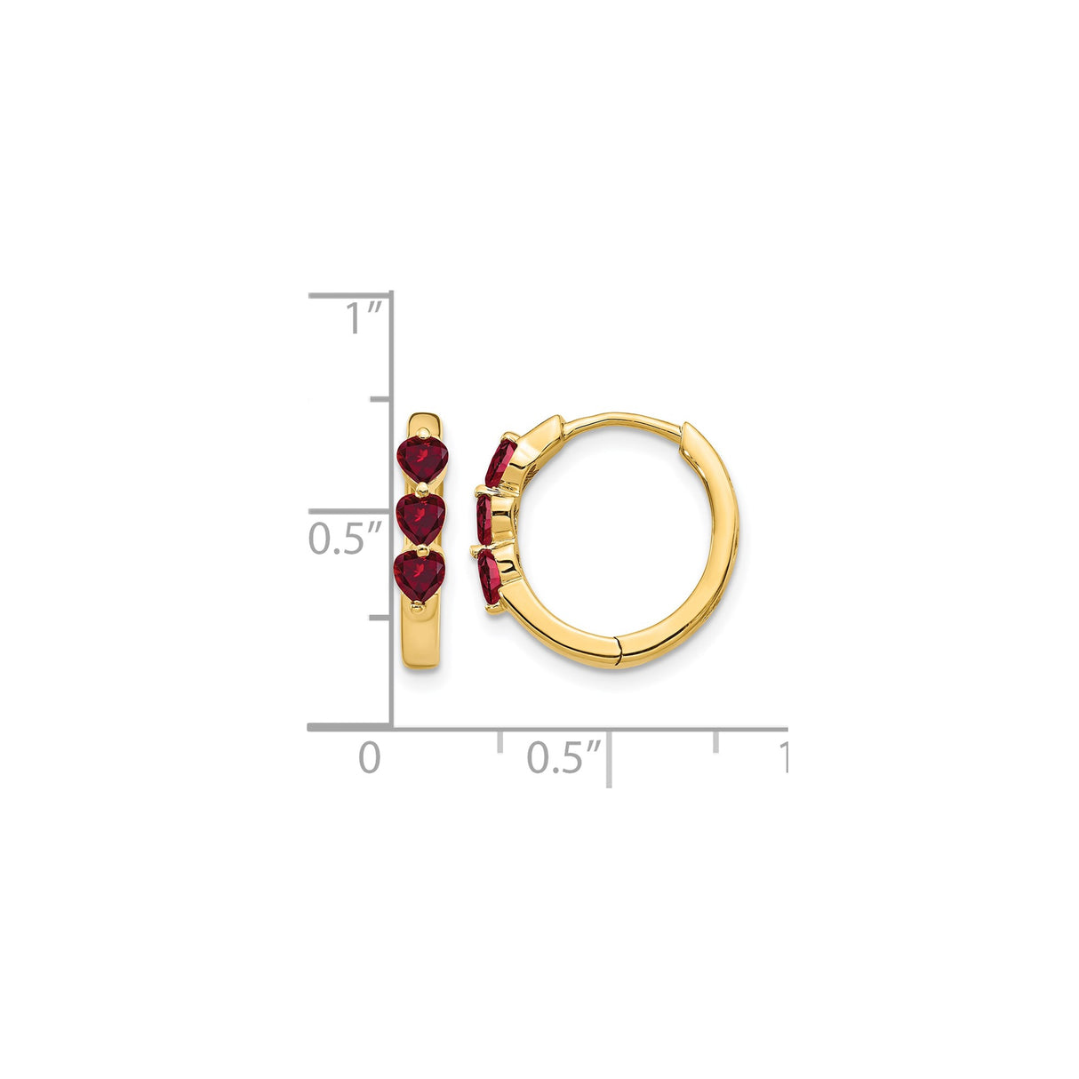 14k Yellow Gold Hoop Earrings with Heart Shaped Created Ruby, Romantic Anniversary Jewelry