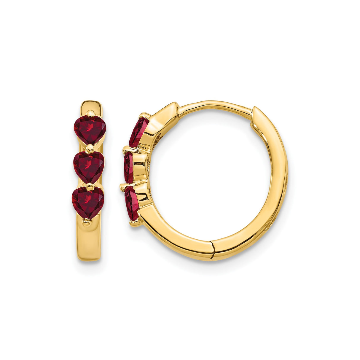 14k Yellow Gold Hoop Earrings with Heart Shaped Created Ruby, Romantic Anniversary Jewelry