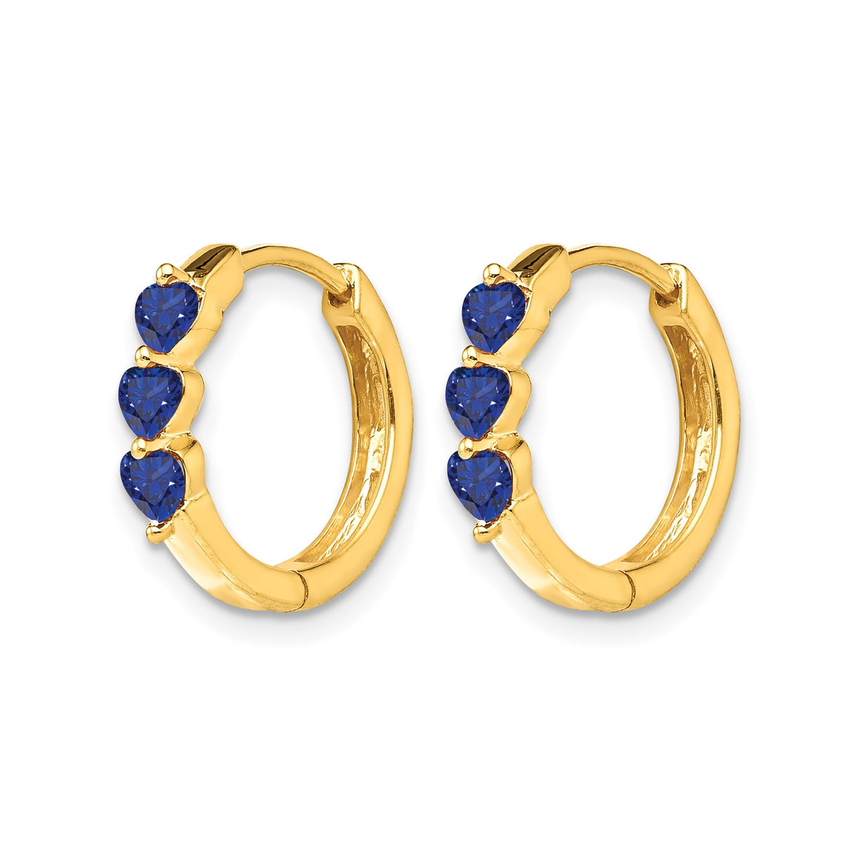 14k Yellow Gold Hoop Earrings with Created Sapphire Heart Gemstones, Modern Lightweight Design