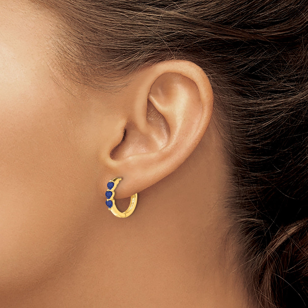14k Yellow Gold Hoop Earrings with Created Sapphire Heart Gemstones, Modern Lightweight Design