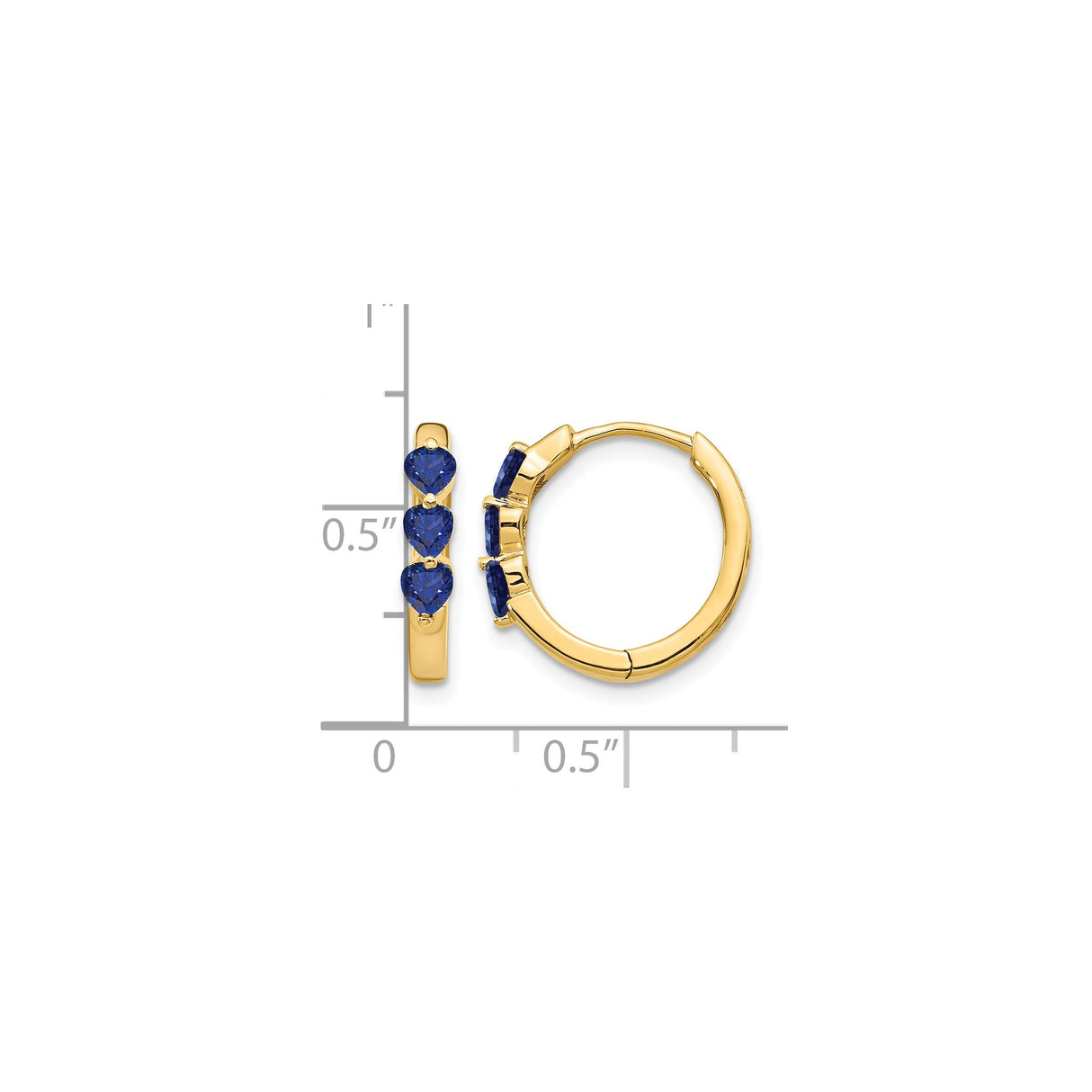14k Yellow Gold Hoop Earrings with Created Sapphire Heart Gemstones, Modern Lightweight Design