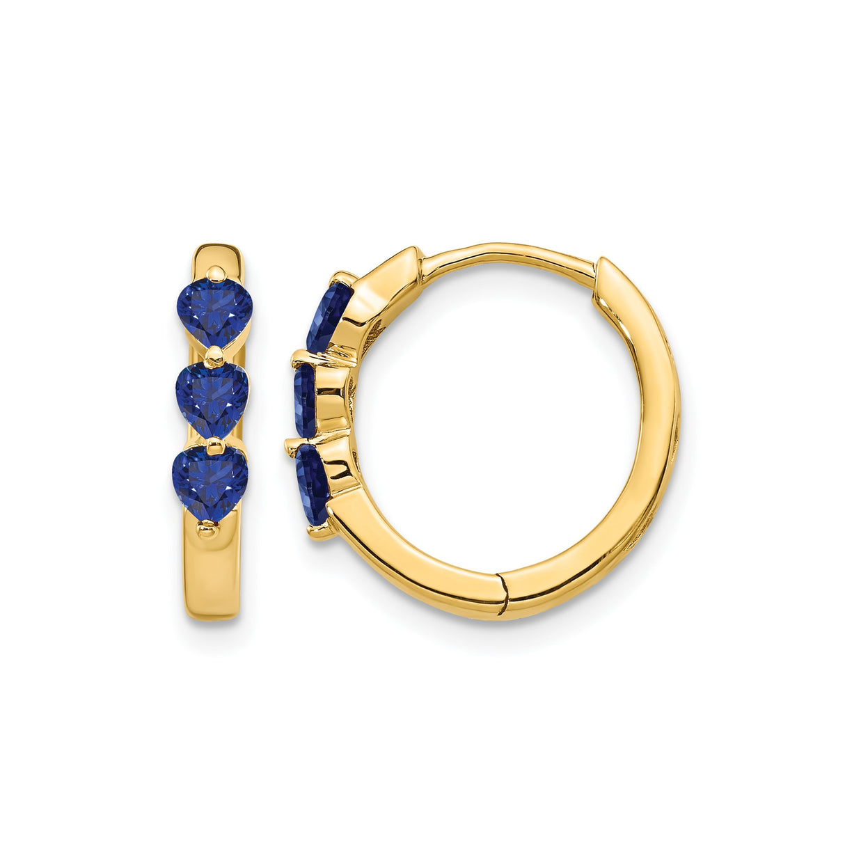 14k Yellow Gold Hoop Earrings with Created Sapphire Heart Gemstones, Modern Lightweight Design