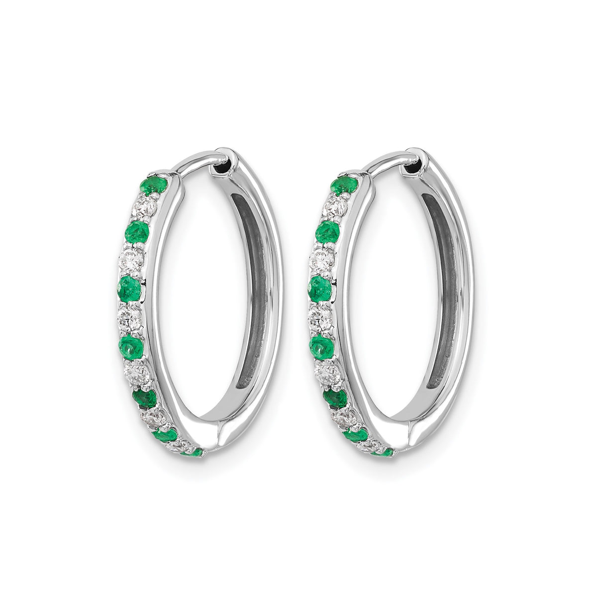 14k White Gold Hoop Earrings with Alternating Emerald and Diamond Stones, Modern Design